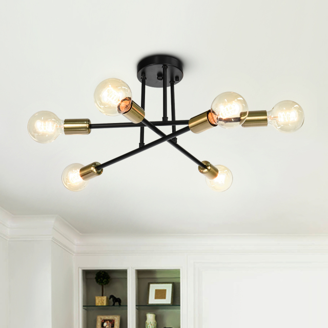 Mid-century Modern 6-Light Metal Radial Sputnik Close to Ceiling Light in Black/Brass for Bedroom Living Room