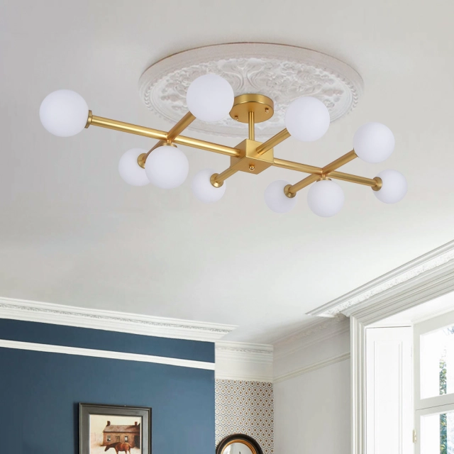 Mid Century Modern 6/10 Light Brass Semi Flush Mount Ceiling Light with Opal Globes