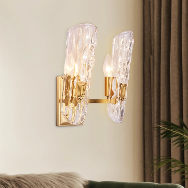 Modern Glam 2 Light Fluted Glass Clear Glass Shade Wall Sconce Copper Wall Lamp for Living Room Hallway Bedroom