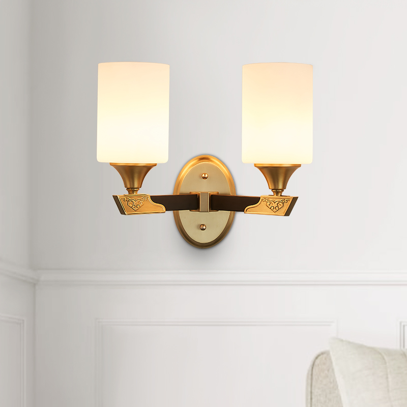 Luxury Mid-century 1/2 Light Ethnic Carved Design Brass Wall Sconce Wall Light in Cylinder Glass Shade for Bedroom/ Hallway / Bar / Bathroom