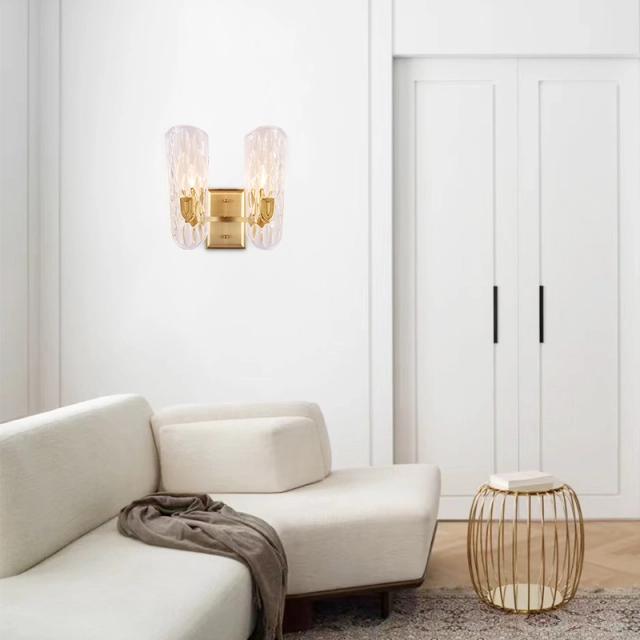 Modern Glam 2 Light Fluted Glass Clear Glass Shade Wall Sconce Copper Wall Lamp for Living Room Hallway Bedroom