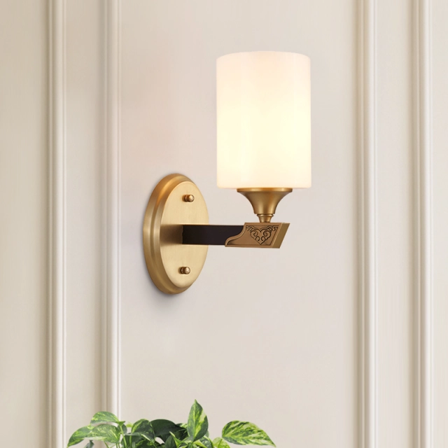 Luxury Mid-century 1/2 Light Ethnic Carved Design Brass Wall Sconce Wall Light in Cylnder Glass Shade for Bedroom/ Hallway / Bar / Bathroom