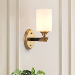 Luxury Mid-century 1/2 Light Ethnic Carved Design Brass Wall Sconce Wall Light in Cylinder Glass Shade for Bedroom/ Hallway / Bar / Bathroom