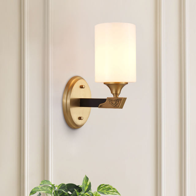 Luxury Mid-century 1/2 Light Ethnic Carved Design Brass Wall Sconce Wall Light in Cylnder Glass Shade for Bedroom/ Hallway / Bar / Bathroom