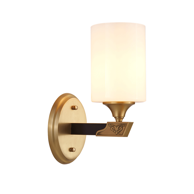 Luxury Mid-century 1/2 Light Ethnic Carved Design Brass Wall Sconce Wall Light in Cylinder Glass Shade for Bedroom/ Hallway / Bar / Bathroom
