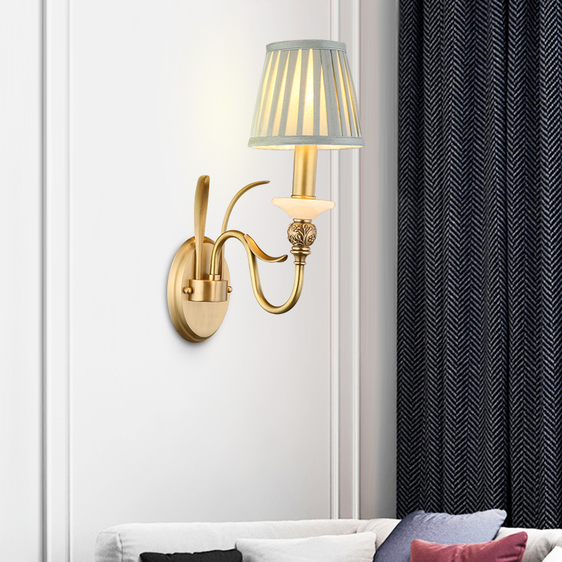 Antique Curved Arm Brass Wall Lamp 1/2- Light Wall Sconce with Blue Fabric Shade for Living Room Hallway Bedroom