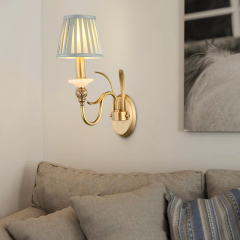 Antique Curved Arm Brass Wall Lamp 1/2- Light Wall Sconce with Blue Fabric Shade for Living Room Hallway Bedroom