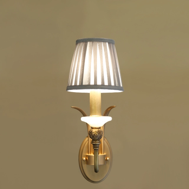 Antique Curved Arm Brass Wall Lamp 1/2- Light Wall Sconce with Blue Fabric Shade for Living Room Hallway Bedroom