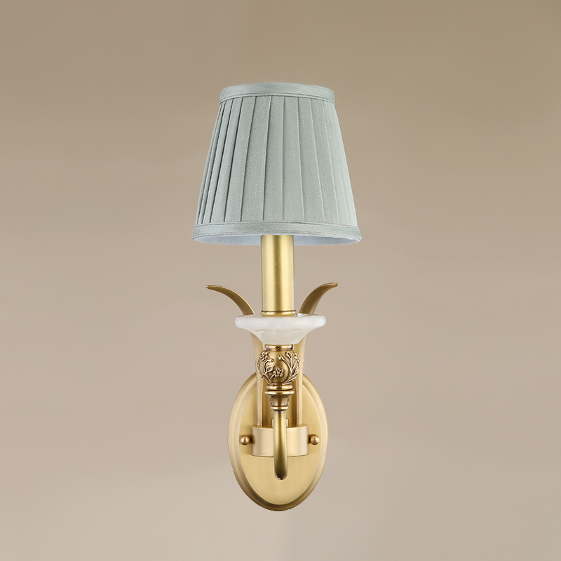 Antique Curved Arm Brass Wall Lamp 1/2- Light Wall Sconce with Blue Fabric Shade for Living Room Hallway Bedroom