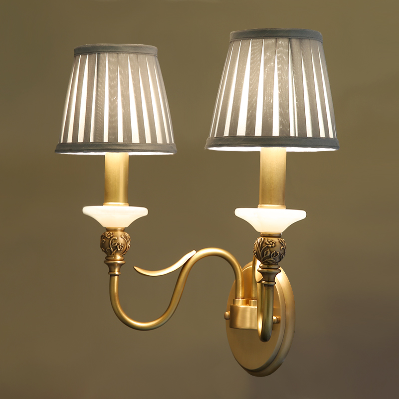 Antique Curved Arm Brass Wall Lamp 1/2- Light Wall Sconce with Blue Fabric Shade for Living Room Hallway Bedroom