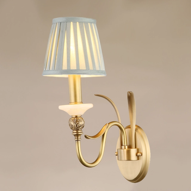 Antique Curved Arm Brass Wall Lamp 1/2- Light Wall Sconce with Blue Fabric Shade for Living Room Hallway Bedroom