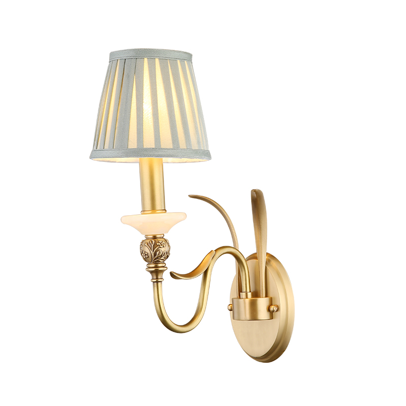 Antique Curved Arm Brass Wall Lamp 1/2- Light Wall Sconce with Blue Fabric Shade for Living Room Hallway Bedroom