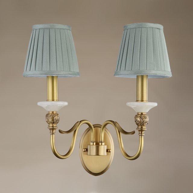 Antique Curved Arm Brass Wall Lamp 1/2- Light Wall Sconce with Blue Fabric Shade for Living Room Hallway Bedroom