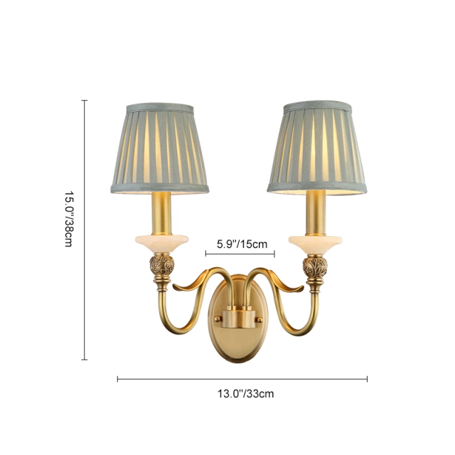 Antique Curved Arm Brass Wall Lamp 1/2- Light Wall Sconce with Blue Fabric Shade for Living Room Hallway Bedroom