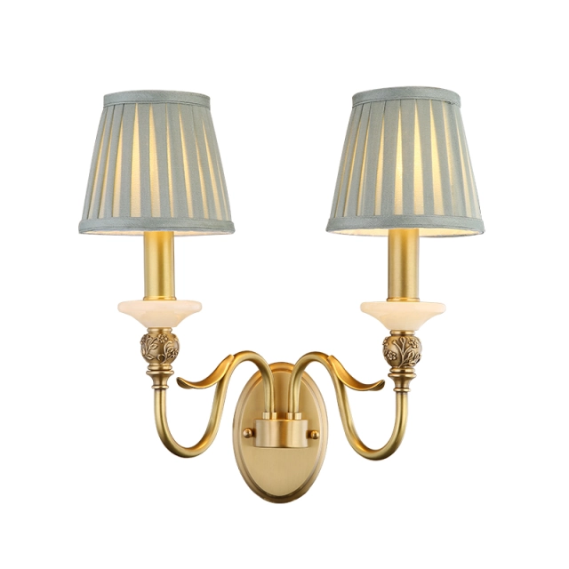 Antique Curved Arm Brass Wall Lamp 1/2- Light Wall Sconce with Blue Fabric Shade for Living Room Hallway Bedroom