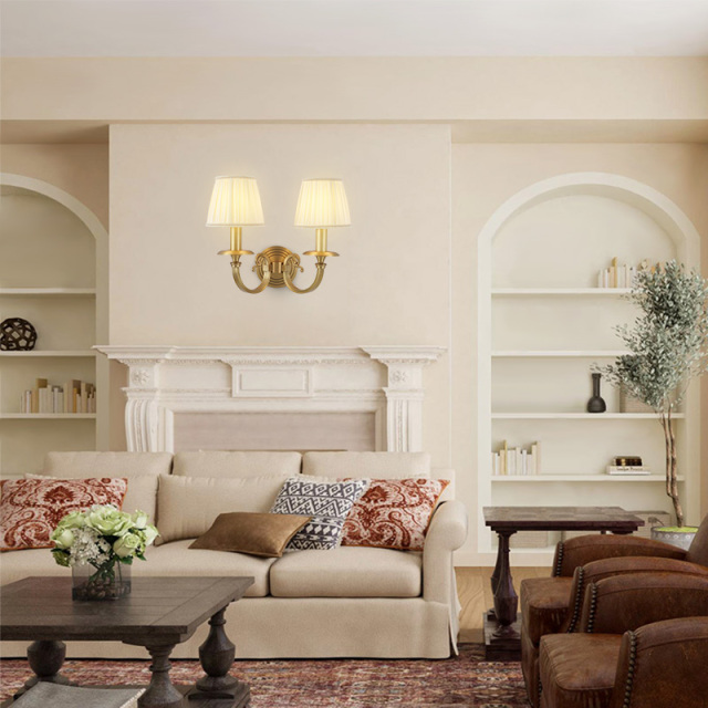 Antique Luxury Brass 2-Light Wall Light Swing Arms with Fabric Shade for Living Room Hallway Bedroom