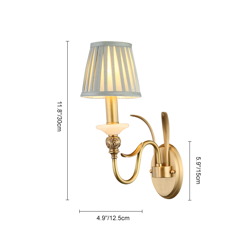 Antique Curved Arm Brass Wall Lamp 1/2- Light Wall Sconce with Blue Fabric Shade for Living Room Hallway Bedroom