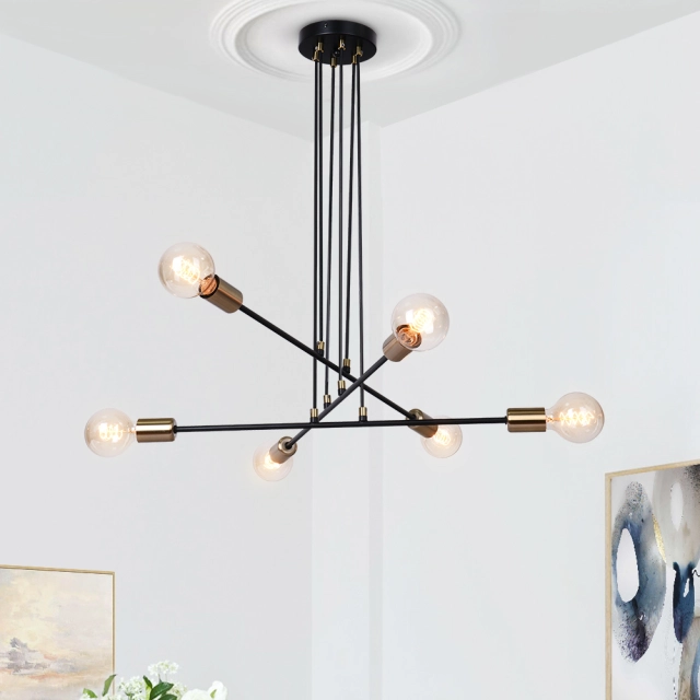 Modern Mid-Century 6-Light Linear Sputnik Chandelier with Double-ended Design in Black for Living /Dining Room