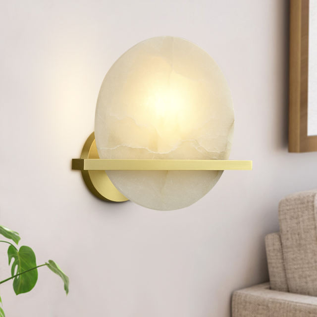 Modern Gold Transmission Wall Lamp Wall Sconce with Marble Round Shade Diffuser for Living Room/ Kitchen/ Bedside