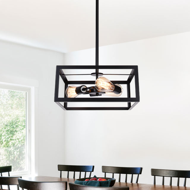 Mid Century Modern 3 Lights Black Square Chandelier Metal Frame Pendant Light For Kitchen Island/Dining Table