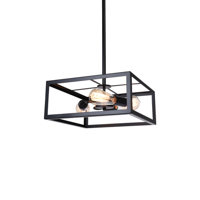 Mid Century Modern 3 Lights Black Square Chandelier Metal Frame Pendant Light For Kitchen Island/Dining Table