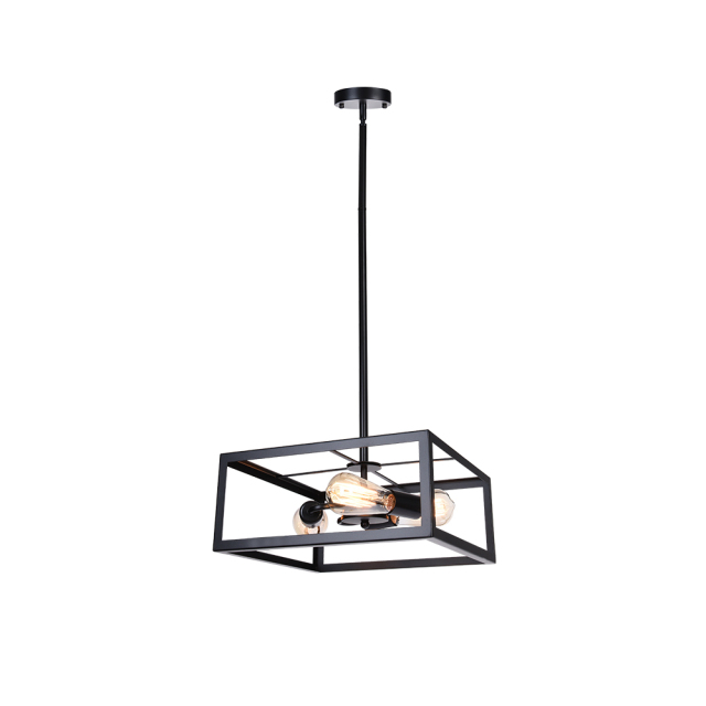 Mid Century Modern 3 Lights Black Square Chandelier Metal Frame Pendant Light For Kitchen Island/Dining Table