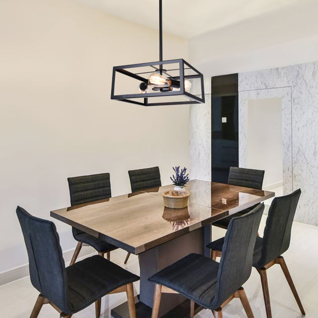 Mid Century Modern 3 Lights Black Square Chandelier Metal Frame Pendant Light For Kitchen Island/Dining Table