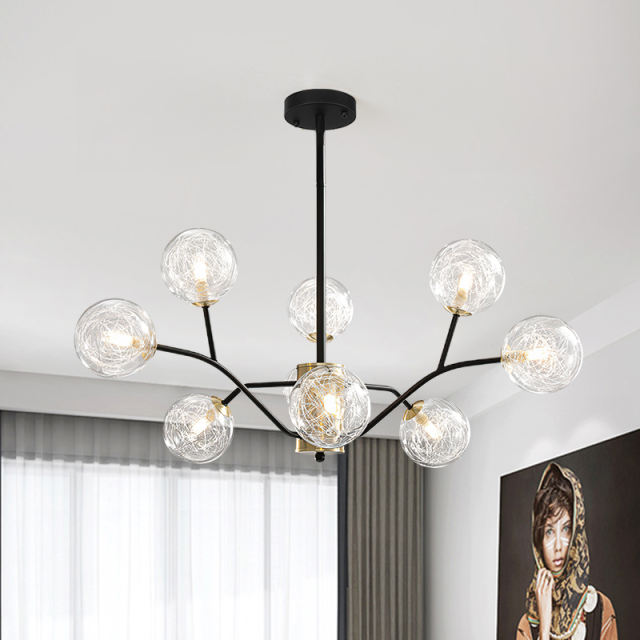 Modern Branching Swirl Black 9 Light Bubble Sputnik Chandelier with Clear Glass Shade for Living Room Dining Room