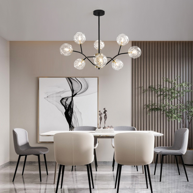 Modern Branching Swirl Black 9 Light Bubble Sputnik Chandelier with Clear Glass Shade for Living Room Dining Room