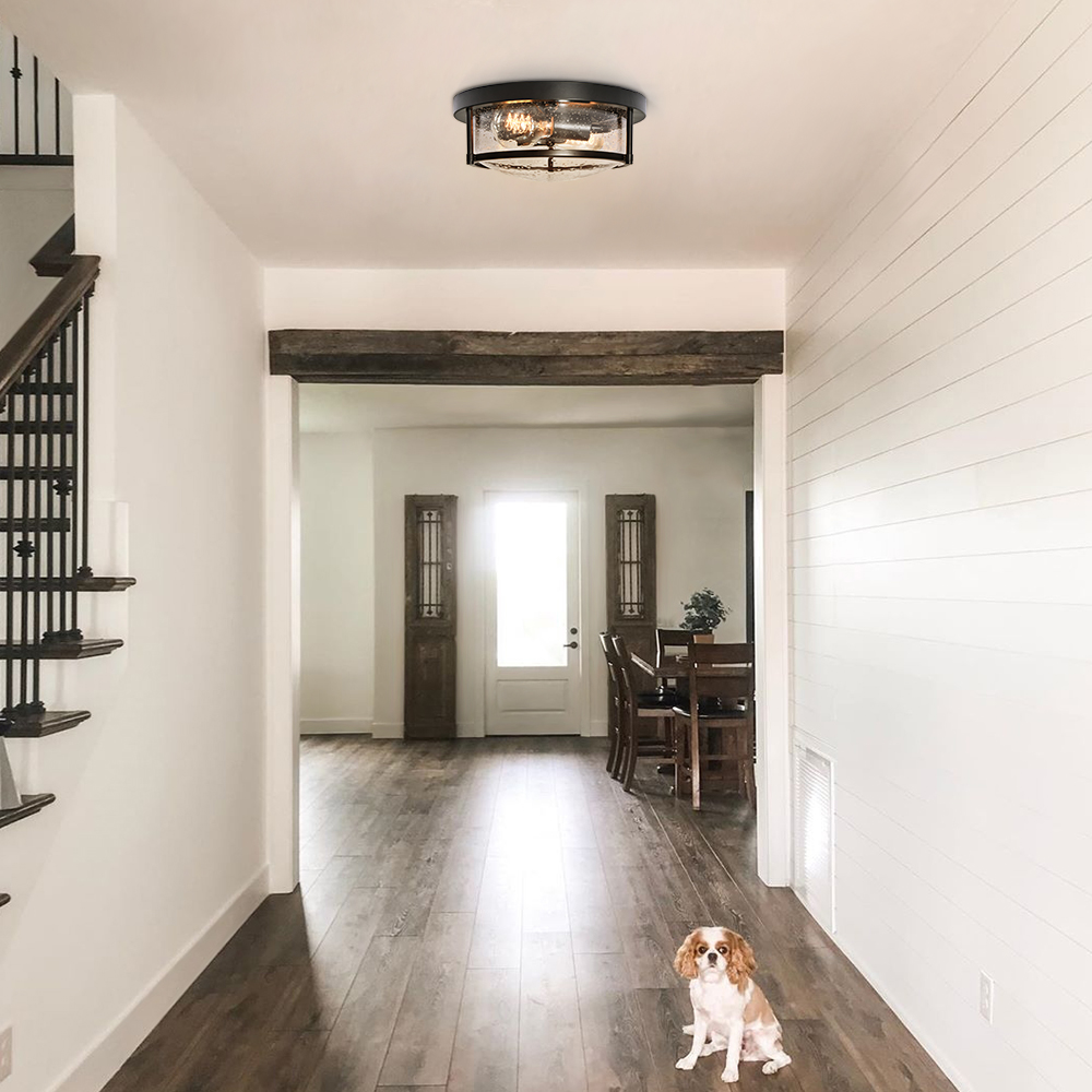 2-Light Modern Farmhouse Industrial Flush Mount Ceiling Lighting with Water-drop Glass Shade for Mudroom/ Kitchen/Hallway
