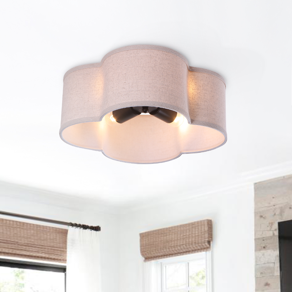 Elegant Modern Scalloped 4-Light Fabric Shade Semi-Flush Ceiling Light in Brushed Gold/ Black Finish for Bedroom Hallway