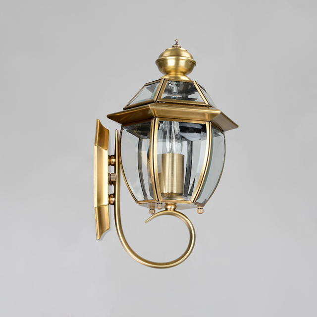 Mid-century Vintage Copper Wall Sconce Wall Light in Crisp Lines and Clear Beveled Glass with Antique Brass Finish