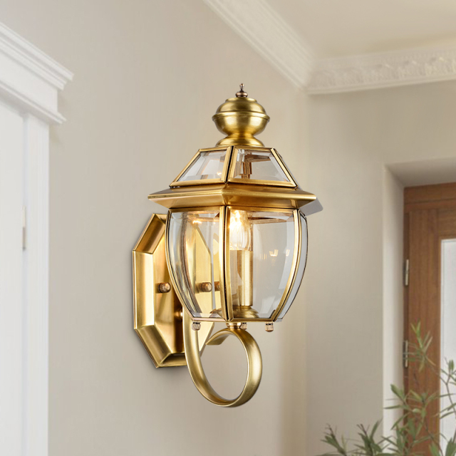 Mid-century Vintage Copper Wall Sconce Wall Light in Crisp Lines and Clear Beveled Glass with Antique Brass Finish