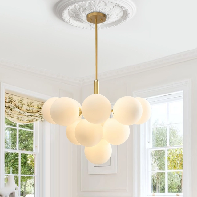 Glam Modern 5/13 Light Opal Glass Bubble Cluster Grape Chandelier in Brass Finish for Living /Dining Room