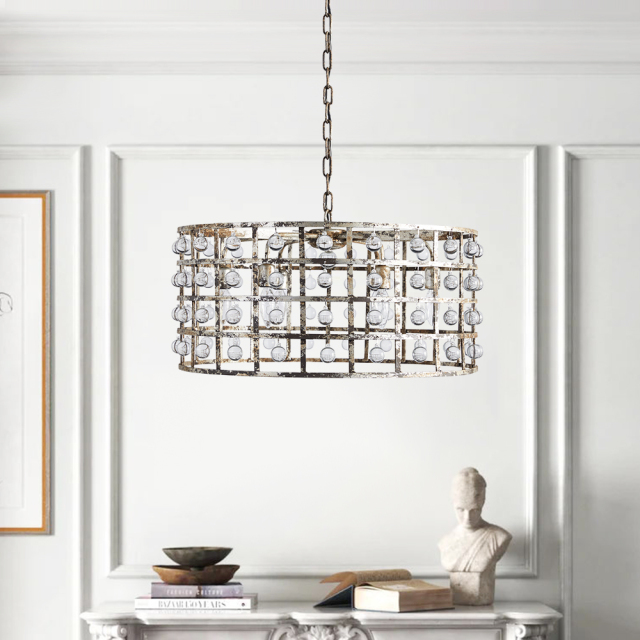 Glam Modern Luxury 6-Light Drum Chandelier with Glass Ball in Antiqued Silver Finish for Living /Dining Room