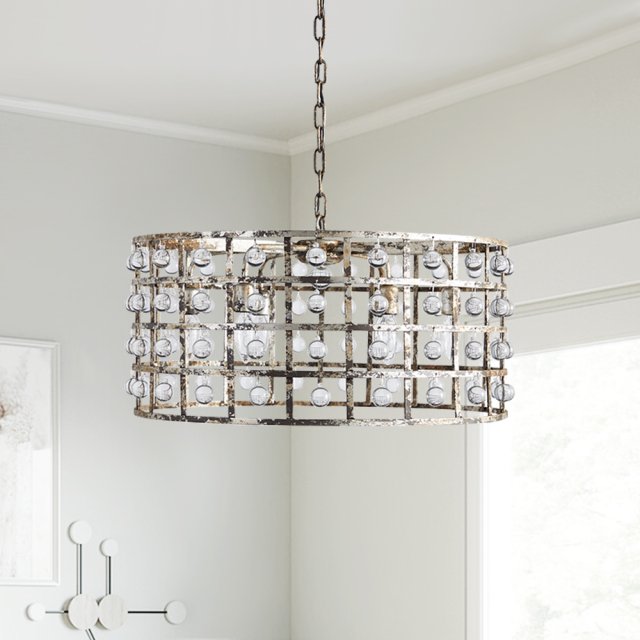 Glam Modern Luxury 6-Light Drum Chandelier with Glass Ball in Antiqued Silver Finish for Living /Dining Room