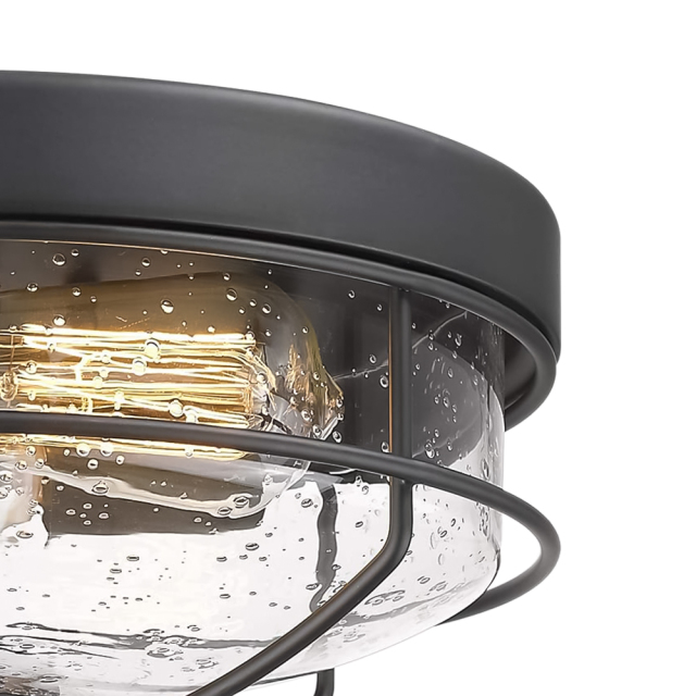 Mid-century Modern Farmhouse Drum Metal Flush Mount Ceiling Light Fixtures in Seeded Glass Shade