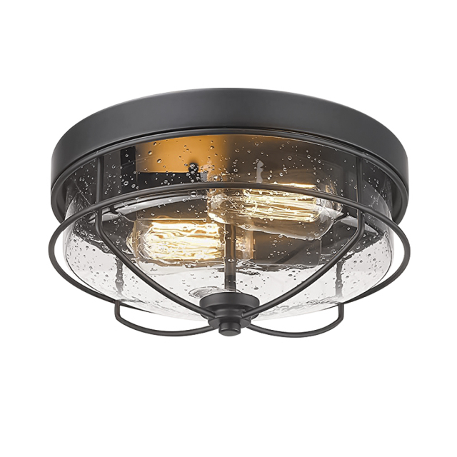 Mid-century Modern Farmhouse Drum Metal Flush Mount Ceiling Light Fixtures in Seeded Glass Shade