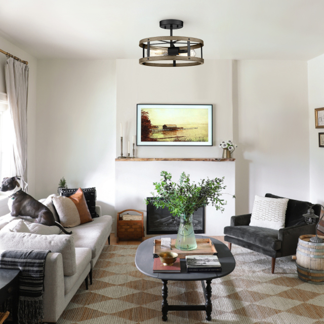 Mid-century Modern Farmhouse Industrial Drum Semi Flush Mount Wood Open Cage Ceiling Light Fixtures