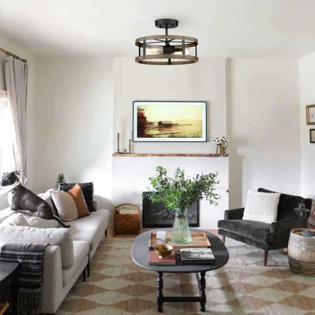 Mid-century Modern Farmhouse Industrial Drum Semi Flush Mount Wood Open Cage Ceiling Light Fixtures