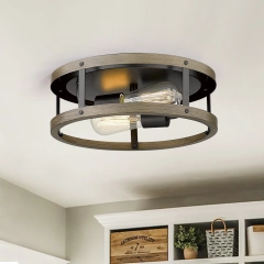 Modern Mid-century Farmhouse Vintage Wood Flush Mount Open Cage Drum Ceiling Light Fixtures For Hallway Kitchen