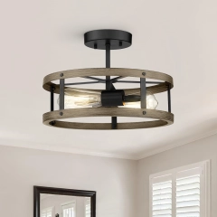 Modern Farmhouse Industrial Drum Semi Flush Mount Wood Open Cage Ceiling Light Fixtures for Living Room Kitchen