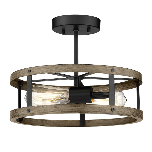 Mid-century Modern Farmhouse Industrial Drum Semi Flush Mount Wood Open Cage Ceiling Light Fixtures