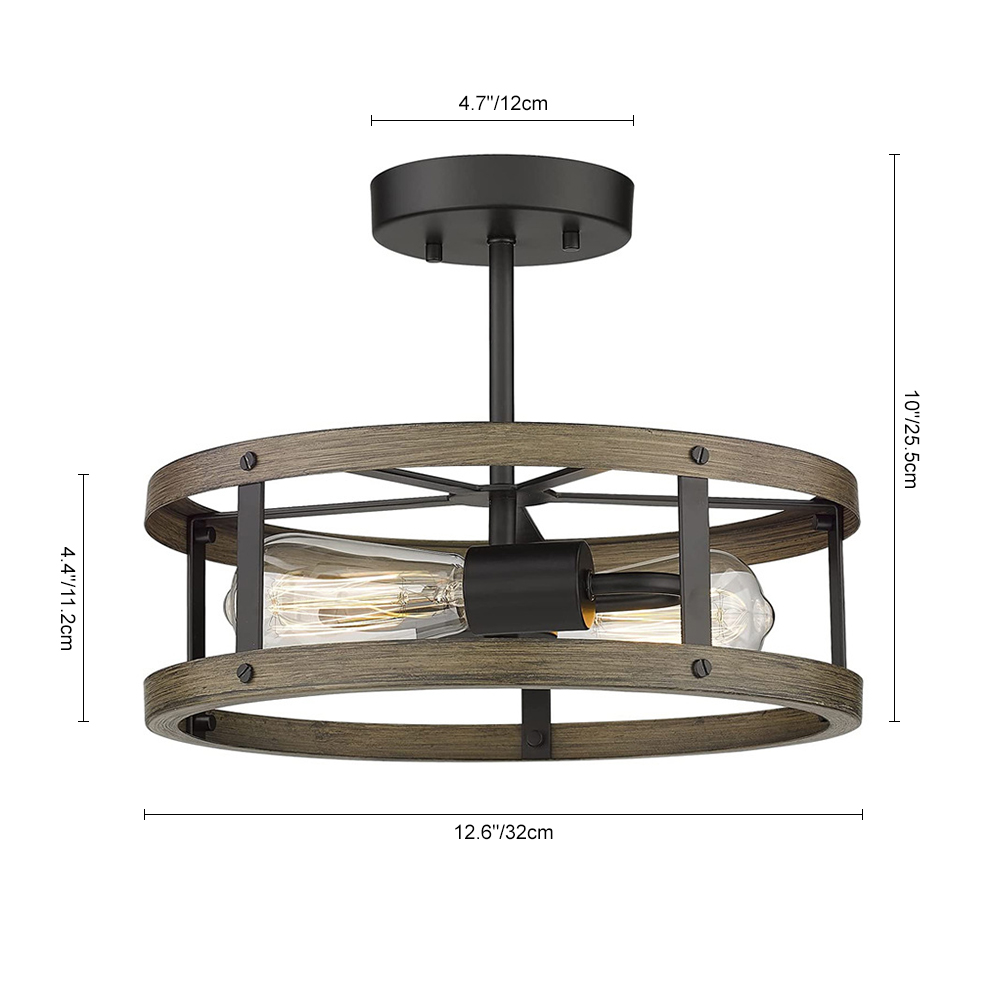 Modern Farmhouse Industrial Drum Semi Flush Mount Wood Open Cage Ceiling Light Fixtures for Living Room Kitchen