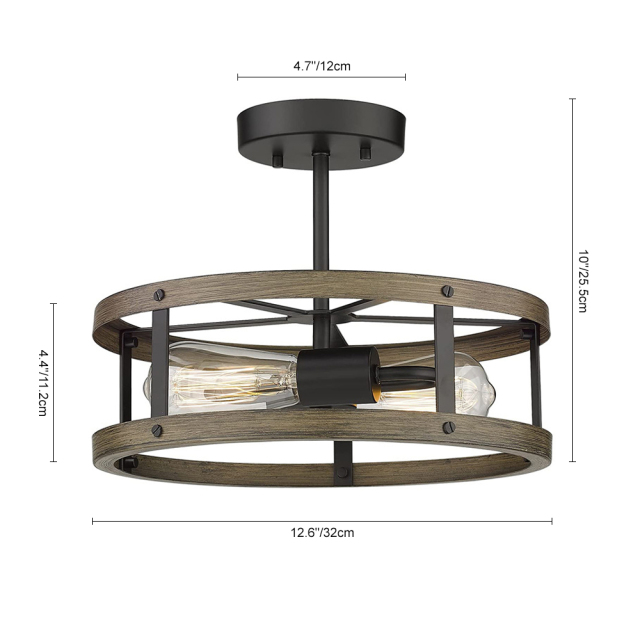 Mid-century Modern Farmhouse Industrial Drum Semi Flush Mount Wood Open Cage Ceiling Light Fixtures