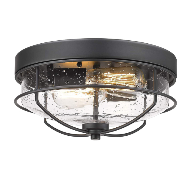 Mid-century Modern Farmhouse Drum Metal Flush Mount Ceiling Light Fixtures in Seeded Glass Shade