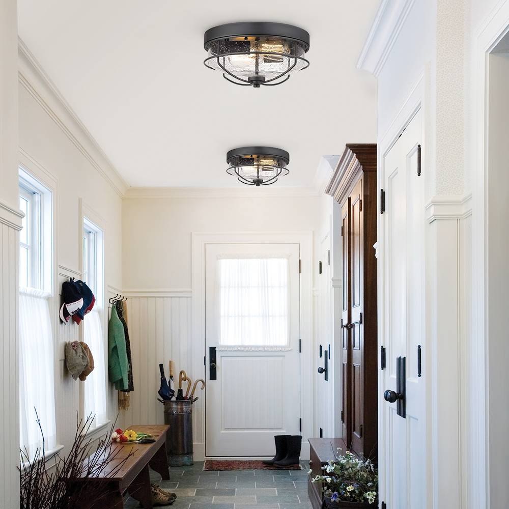 Modern Farmhouse Hallway Drum Metal Flush Mount Ceiling Light Fixtures in Seeded Glass Shade