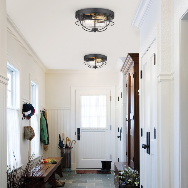 Mid-century Modern Farmhouse Drum Metal Flush Mount Ceiling Light Fixtures in Seeded Glass Shade
