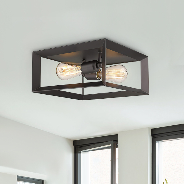 Modern Farmhouse Square Metal Flush Mount Ceiling Light Fixtures in Black/ Gold Finish