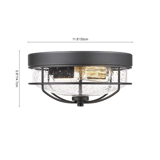 Mid-century Modern Farmhouse Drum Metal Flush Mount Ceiling Light Fixtures in Seeded Glass Shade